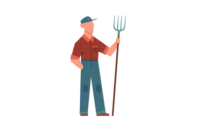 Man and pitchfork. Agricultural worker with gardening tool vector gard