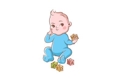 Baby boy playing with cubes. Funny cute toddler in blue costume and bl