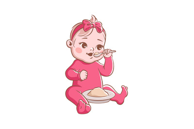 Baby girl eating. Cute newborn and healthy food from plate, isolated v