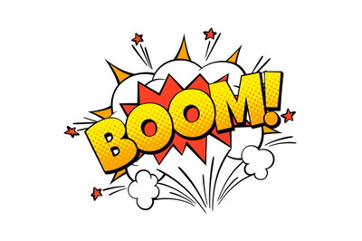 Boom comic word. Color art bubble shape with bomb explosion effect car