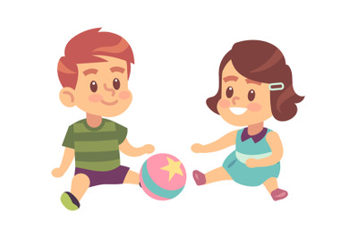 Boy and girl play together. Cute little children with ball isolated ve