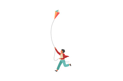 Boy runs with a kite. Happy little child playing outdoors, vector colo