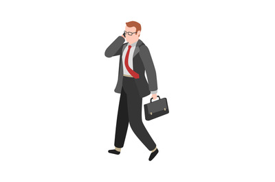 Businessman goes to work. Manager working with phone vector cartoon ch