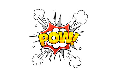 Comic Pow word. Vintage vector comics text with exploding cloud patter