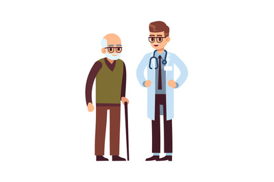 Doctor and elderly patient. Healthcare helping caring adult man, vecto