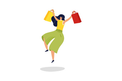 Jumping woman. Happy excited woman with shopping bags in supermarket i