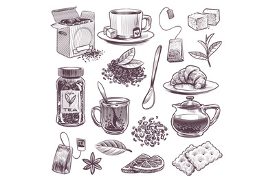 Sketch tea. Hand drawn tea leaves, mugs and kettle. Dried herbs, jam a