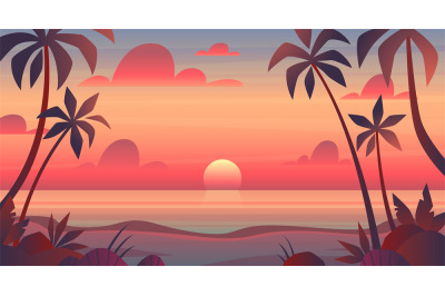 Sea sunset. Evening or morning view of sun above ocean. Panorama with