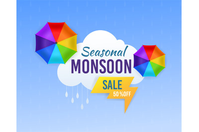 Monsoon sale. Season rainy and umbrella promotional design template fo