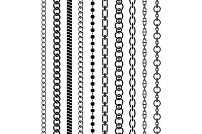 Chain borders. Seamless black chains of different shapes, metal links.