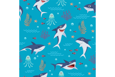 Cartoon sharks pattern. Seamless background with cute marine fishes, s