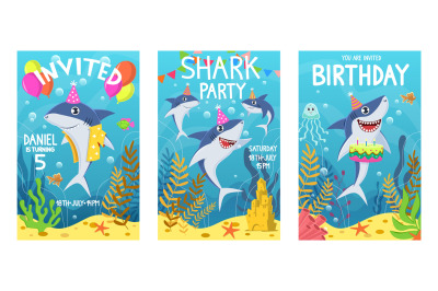 Invitations card with cute sharks. Color greeting card&2C; undersea world