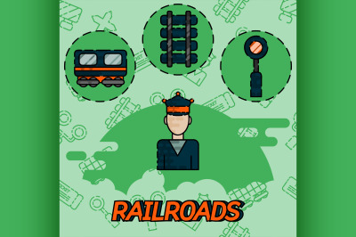 Railroads flat concept icons