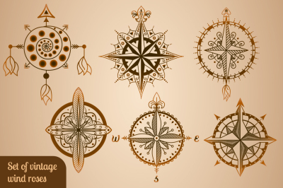 Set of vintage wind roses, compasses