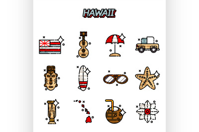 Hawaii flat icons set