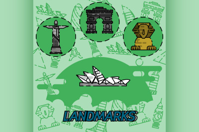 World landmarks flat concept icons