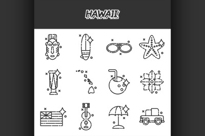 Hawaii flat icons set