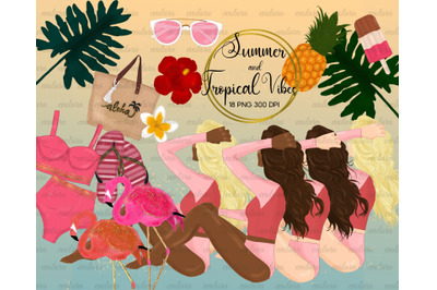 Summer Clipart Fashion girl Beach Tropical Flower Flamingo Clipart