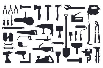 Tools silhouette. Working construction and repair tools&2C; ax&2C; shovel an