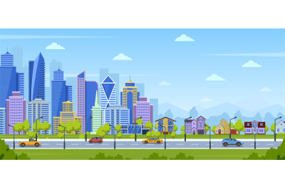 Modern city panorama. Urban town cityscape and nature landscape with s