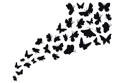 Butterfly flow silhouettes. Flying butterflies graphic wave&2C; black flo