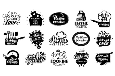 Cooking lettering badges. Kitchen gourmet recipes, hand drawn food let