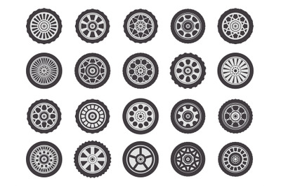 Car wheel rims. Automobile vehicle rubber wheel tires, auto tire tread