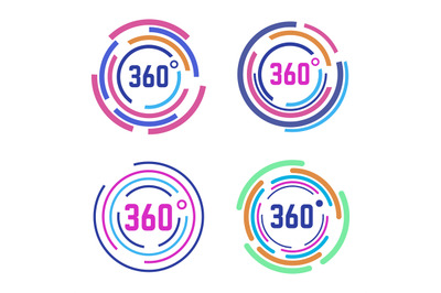 Round 360 degrees signs. Circle diagram, 360 degrees angle panorama, c