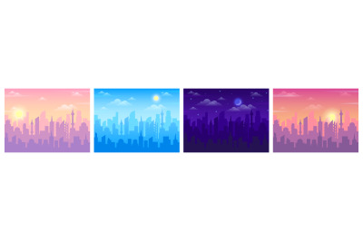 Daytime city view. Cityscape sunrise, noon and night time, skyline lan