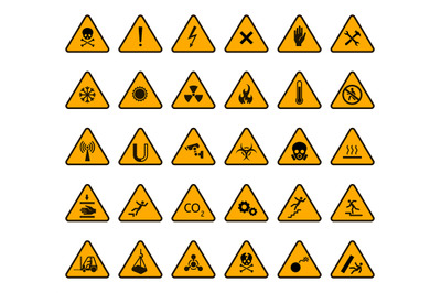 Warning signs. Caution attention warning yellow sign, danger high volt