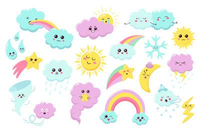 Hand drawn weather phenomena. Cute sun&2C; clouds and rainbow&2C; weather ch