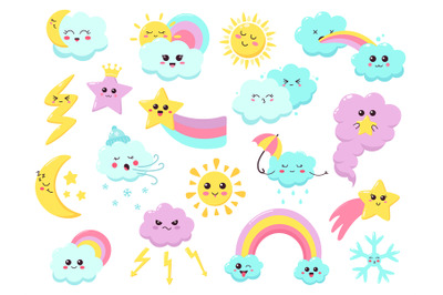 Cute weather emoticons. Funny weather character&2C; hand drawn stars&2C; win