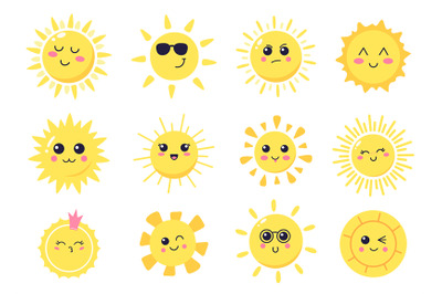 Happy cartoon sun. Hand drawn cute smiling suns, sunny happy character