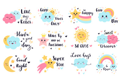 Cute baby labels. Kids sun&2C; cloud and rainbow decorative stickers&2C; cut