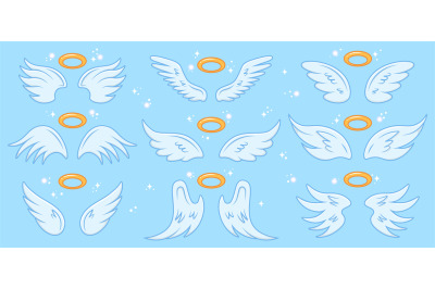 Angel wings. Cartoon angels wing and nimbus, winged angel holy sign, h