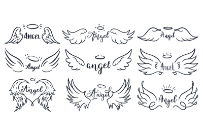 Wings hand drawn lettering. Doodle elegant angel wings phrases, sketch