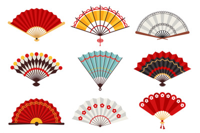 Hand paper fans. Asian traditional folding hand fan, japanese souvenir