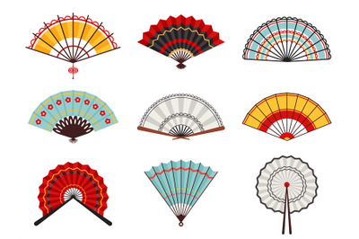 Asian hand fans. Paper folding hand fans, chinese, japanese decorative