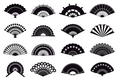 Hand fans silhouette. Asian traditional paper folding hand fans, graph