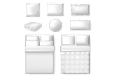 Realistic bedding template. White blank bed&2C; blanket and pillows&2C; comf