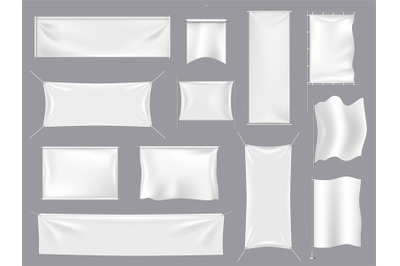 Fabric realistic flag mockups. White textile banners and 3d canvas sig