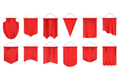 Realistic textile pennants. Empty 3d flags&2C; red fabric hanging pennant