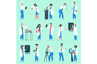 Science characters. Lab people, chemical scientist researchers in lab