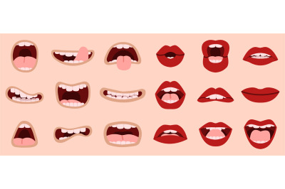 Cartoon cute mouth. Hand drawn comic mouths and lips, laughing with te