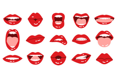 Cartoon lips. Girls red lips, beautiful smiling, kissing, show tongue,