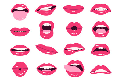 Smile cartoon lips. Beautiful pink lips, kissing, show tongue, smiling