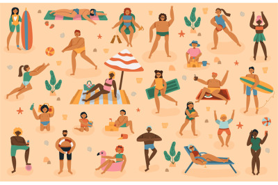 Beach people. Summertime sand beach vacation, man, woman, family with