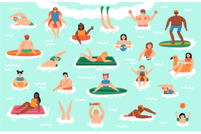 Sea swim characters. People ocean swimming, diving, surfing and sunbat