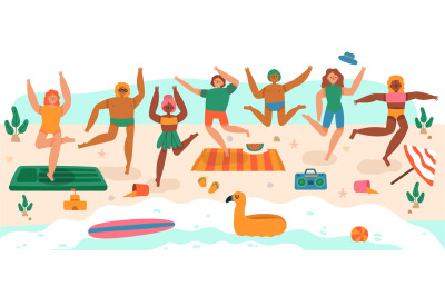 Beach jumping people. Young happy characters summer vacation activitie