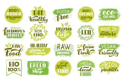 Organic eco stickers. Green natural food labels&2C; vegetarian healthy fo